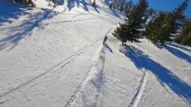 Kış harikalar diyarındaki sarmal kayak yolları ve yemyeşil ağaçlarla büyüleyici karlı arazi manzarası.