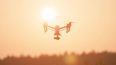Gün batımında uçan kuadkopter dron tarama tarama tarama tarım arazisi hasat aracı uçak. Bilgisayar analizi. Yenilik teknolojisi. Akıllı çiftçilik.