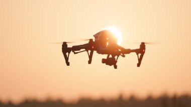 Uçan helikopter siyah drone kırsal arazinin üstündeki tarım alanlarını izliyor. Gün batımı gökyüzü. Tarım ve iş. Akıllı teknoloji.