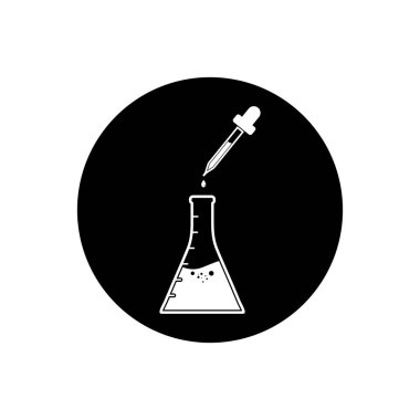Matara ve Pipped ile Kimyasal Deney Simgesi. Yuvarlak Düğme Biçimli Düzenlenebilir Vektör EPS Sembol İllüstrasyonu.