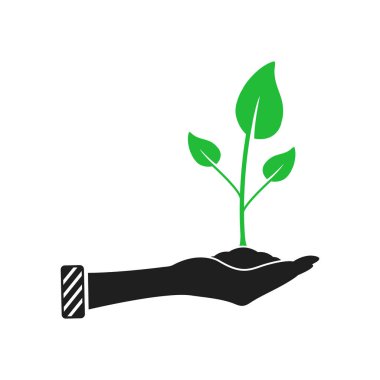 İş Başlangıcı Simgesi. El, Yeşil Yapraklar ve Bitki Sembolleri ile. Düzenlenebilir Düz Vektör İllüstrasyonu.