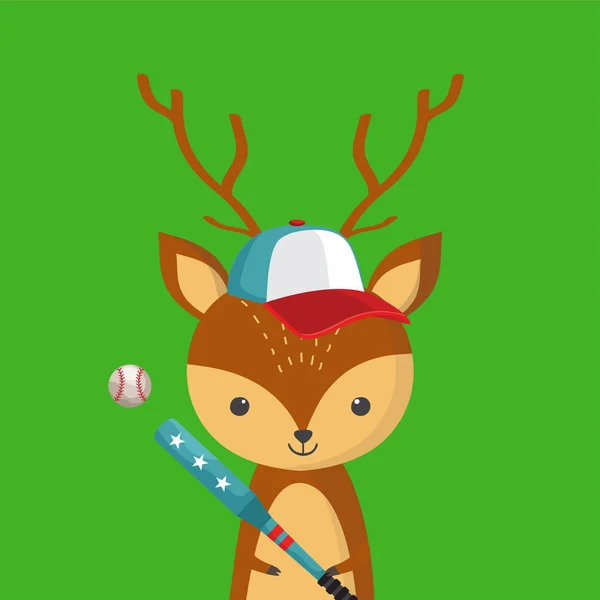 Hjort Spelar Baseball Med Boll Och Ett Basebollträ — Stock vektor
