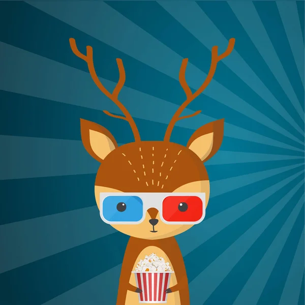 电影中的鹿 戴着3D眼镜 爪子拿着爆米花 — 图库矢量图片#