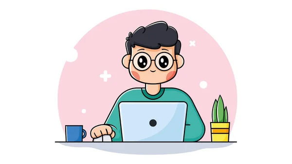 Leende Pojke Arbetar Laptop Med Kaffekopp Och Växt Begreppet Online — Stock vektor
