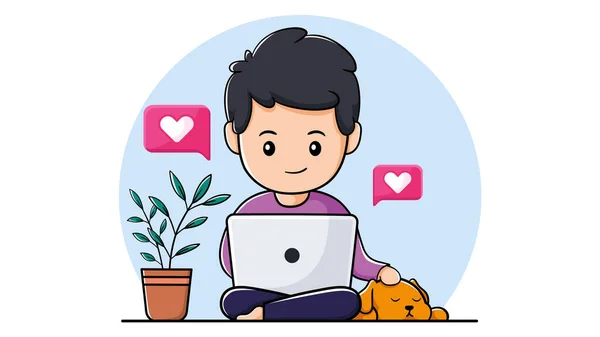 Cute Boy Using Laptop Pet Dog Concept Viewing Social Media — Stock Vector