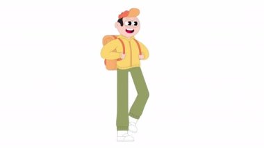 Sırt çantalı bir turist. Yürüyüş ve macera konsepti. Şeffaf arkaplanda döngülü animasyon videosu.