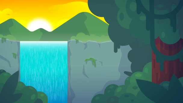 Animație Cascadă Jungla Tropicală Pădure Tropicală Răsărit Sau Apus Soare — Videoclip de stoc