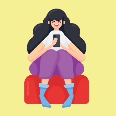 Genç kız koltukta otururken akıllı telefon kullanıyor. Mesaj atmak ya da sosyal medyadan keyif almak. vektör illüstrasyonu