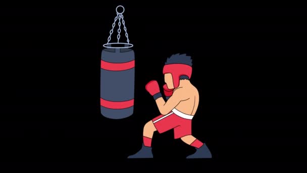 Boxer Vermelho Praticando Com Saco Perfuração Vídeo Animação Fundo Transparente — Vídeo de Stock