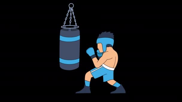 Blå Boxare Tränar Med Boxningssäck Animation Video Transparent Bakgrund — Stockvideo
