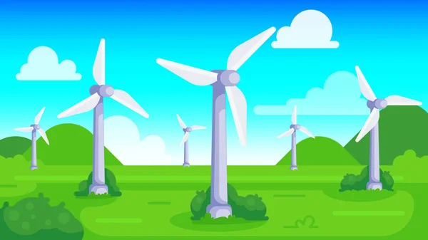 Ветряные Турбины Зеленом Поле Голубым Небом Концепция Устойчивой Возобновляемой Зеленой — стоковый вектор