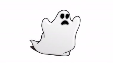 Koşan beyaz hayaletin animasyonu. Hüzünlü yüz ifadesi olan karikatür hayalet ruhu..