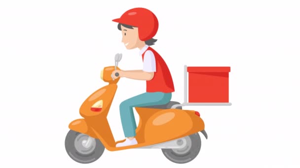 送货人骑着装有送货箱的摩托车 食品递送服务 动画视频与阿尔法通道 — 图库视频影像