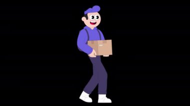 Teslimat kutusuyla yürüyen bir teslimatçının animasyonu. servis hizmeti kavramı.