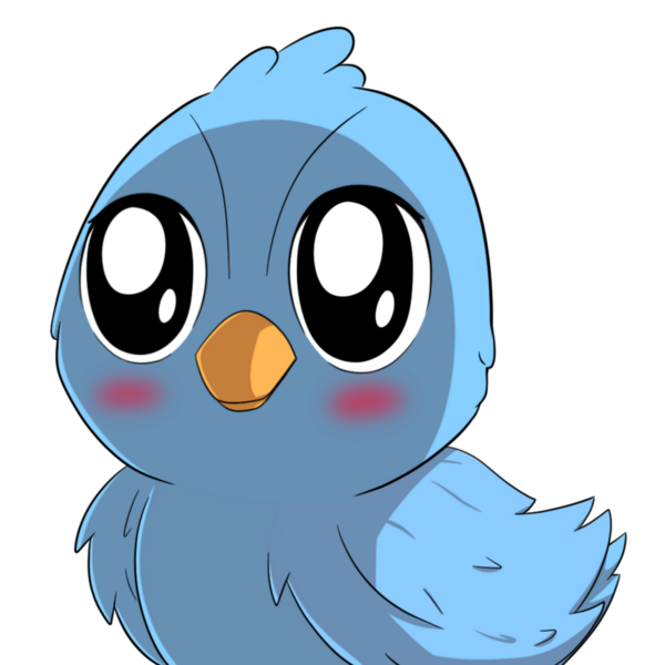 Büyük Gözlü Şirin Kawaii Mavi Kuş. Sevimli Çizgi Film İllüstrasyonu