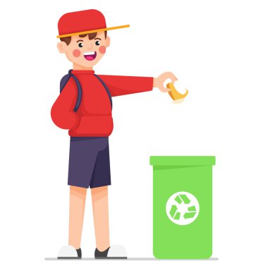 Geri dönüşüm kutusuna çöp atan sevimli çocuk.