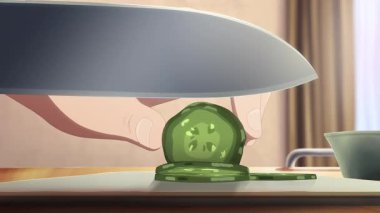 Kesme tahtasındaki taze yeşil salatalığı ustalıkla dilimleyen bıçağın yakın plan animasyonu. Anime tarzı yemek hazırlama konsepti.