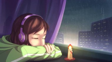 Anime kızı yağmur mevsiminde pencerenin yanında yanan bir mumla otururken kablosuz kulaklıkla müzik dinliyor. Lofi animasyon döngüsü, 4K kusursuz