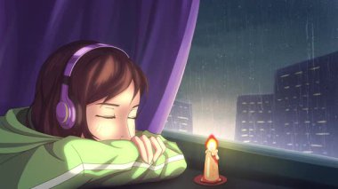 Yağmur mevsiminde pencerenin yanında otururken kablosuz kulaklıkla müzik dinleyen bir kız. Anime lofi animasyon döngüsü, 4K kusursuz