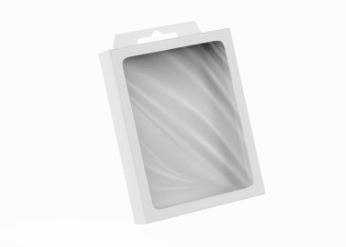 Askı sekmesi maketi olan karton kutu beyaz arkaplanda izole edilmiş. 3d illüstrasyon