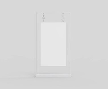 Gerçekçi sokak reklam panosu, dikey model. Açık hava reklamı için çerçeveli şehir ışığı panosu. Sunum, promosyon, reklam ve tasarım için şablon ekranı. 3d illüstrasyon