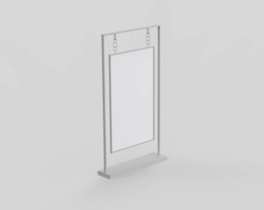 Gerçekçi sokak reklam panosu, dikey model. Açık hava reklamı için çerçeveli şehir ışığı panosu. Sunum, promosyon, reklam ve tasarım için şablon ekranı. 3d illüstrasyon