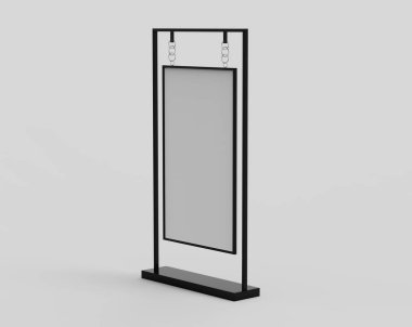 Gerçekçi sokak reklam panosu, dikey model. Açık hava reklamı için çerçeveli şehir ışığı panosu. Sunum, promosyon, reklam ve tasarım için şablon ekranı. 3d illüstrasyon