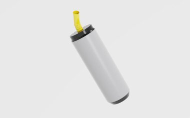 Beyaz arka planda saman maketi izole edilmiş parlak plastik kupa. 3d illüstrasyon