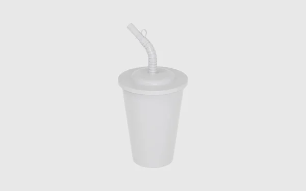 白の背景に隔離されたストローモックアップ付き光沢のあるプラスチックカップ 3Dイラスト — ストック写真