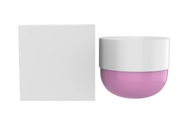 Kozmetik krem paketi modeli. Cilt kızarıklığı makyaj malzemesi paketi, yuvarlak örnek tasarımı. Güzellik kremi kabı, tereyağı ya da fırça. 3d illüstrasyon