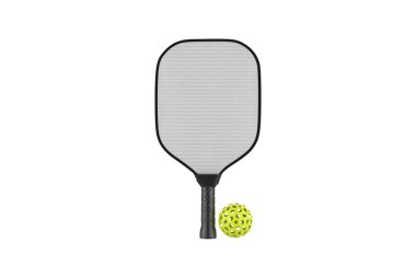 Pickleball spor ekipmanları - raketler ve toplar beyaz arka planda izole edilmiş - 3d illüstrasyon