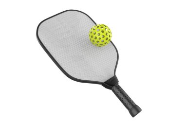 Pickleball spor ekipmanları - raketler ve toplar beyaz arka planda izole edilmiş - 3d illüstrasyon