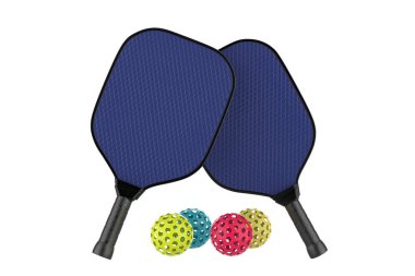 Pickleball spor ekipmanları - raketler ve toplar beyaz arka planda izole edilmiş - 3d illüstrasyon