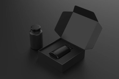Gerçekçi hap kavanozu sert kutunun içinde. Mock Up siyah arka planda izole edildi. 3d illüstrasyon 