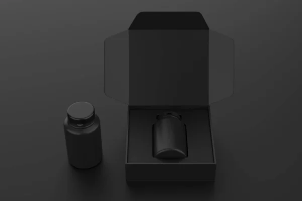 Realistic pill jar bottle inside hard box. Mock Up isolated on black background. 3d illustration