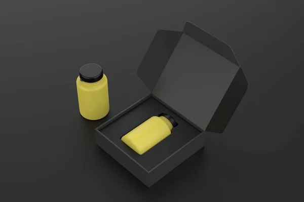 Realistic pill jar bottle inside hard box. Mock Up isolated on black background. 3d illustration
