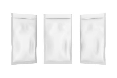 Kese kağıdı fron, arka ve yan görünümü beyaz arka planda izole edilmiş. Paketleme şablonu modelleme koleksiyonu. Kırpma Yolu dahil. 3d illüstrasyon