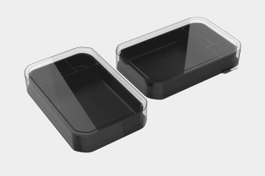 Plastik yemek konteynırı temizleme modeli beyaz arka planda izole edildi. 3d illüstrasyon