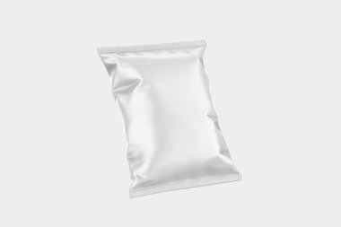 Mockup şablonu için Chips Torbası Paketi. Yiyecek, cips, kurabiye, fıstık, şeker. Beyaz arka planda izole edilmiş. 3d illüstrasyon