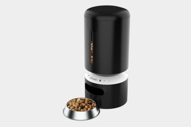 Pet Supplies Dog Feeder Otomatik Besleyici Cat Dispenser otomatik olarak Wi-Fi ile besleme. 3d illüstrasyon