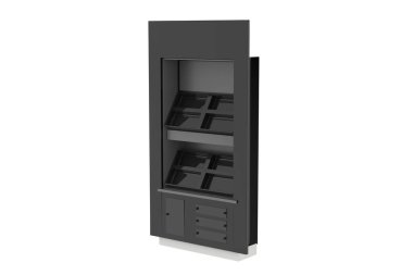 Süpermarket Tanıtım Rafı Başlıklı, Boş Ürün Ekranı, PDQ Ekran Kutusu. 3d illüstrasyon