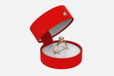 Mücevher hediye kutusundaki elmas yüzük beyaz arka planda izole edilmiş. 3d illüstrasyon