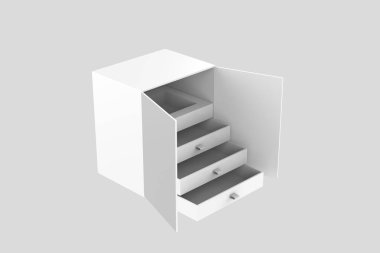 Katman içi boş çekmece maketi, mücevher dolabı maketi. 3d illüstrasyon