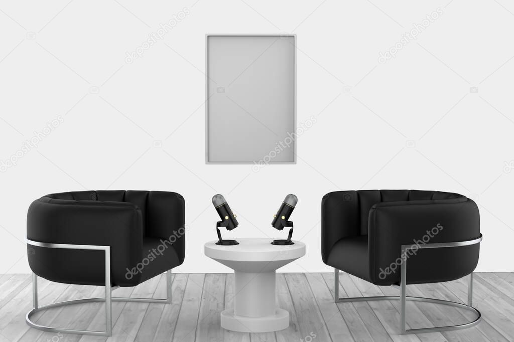 Empty interior podcast room. podcast  setup with two mic and two chair. 3d illustration