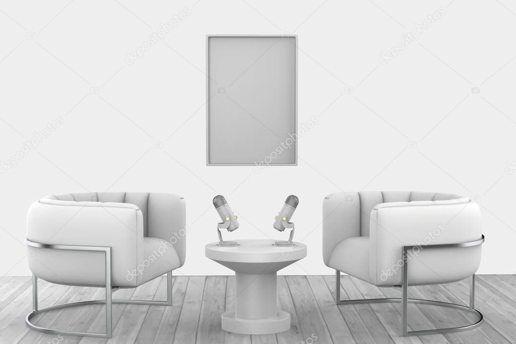 Empty interior podcast room. podcast  setup with two mic and two chair. 3d illustration
