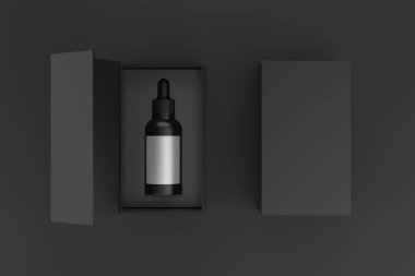 Siyah arka planda izole edilmiş özel damlacık yağı şişesi. 3d illüstrasyon