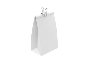 Kağıt torba, beyaz arka planda izole edilmiş ciltlenmiş klip modeli. 3d illüstrasyon