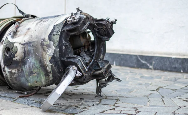 stock image Parts of a tactical ballistic missile, OTR-21. Destroyed Russian military equipment. Spent projectile of the Soviet missile system of the divisional level Tochka U, SS-21 Scarab A, M-21