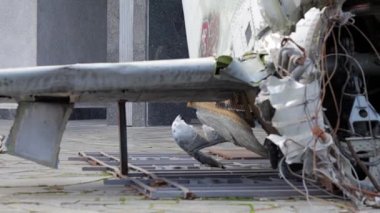 Rus Hava Kuvvetleri savaş helikopteri Hind Timsah 'ın yanmış parçaları. Düşen bir helikopterin enkazı. Ukrayna 'da savaş. Kırık askeri saldırı helikopteri yakın plan.