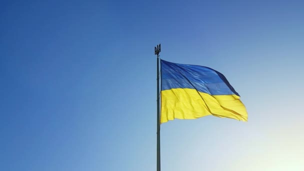 Den Ukrainska Flaggan Blå Och Gula Nationella Färger Flaggstången Fladdrar — Stockvideo